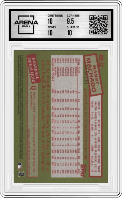 Manny Machado from the 2020 Topps Baseball Silver Pack 1985 Chrome   set featuring a Blue parallel graded by Arena Club and given an overall grade of 10.