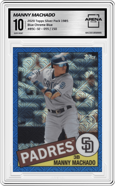 Manny Machado from the 2020 Topps Baseball Silver Pack 1985 Chrome   set featuring a Blue parallel graded by Arena Club and given an overall grade of 10.