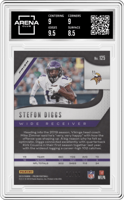 Stefon Diggs from the 2019 Panini Prizm set featuring a Prizms Blue Ice parallel graded by Arena Club and given an overall grade of 9.