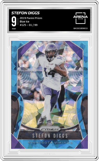 Stefon Diggs from the 2019 Panini Prizm set featuring a Prizms Blue Ice parallel graded by Arena Club and given an overall grade of 9.