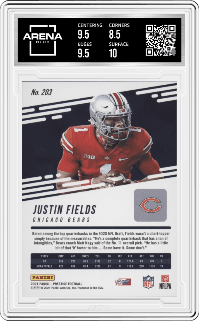Justin Fields from the 2021 Panini Prestige set featuring a Xtra Points Astral parallel graded by Arena Club and given an overall grade of 9.
