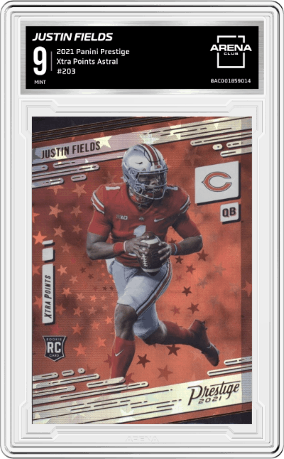 Justin Fields from the 2021 Panini Prestige set featuring a Xtra Points Astral parallel graded by Arena Club and given an overall grade of 9.