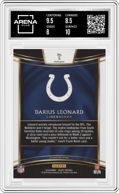 Darius Leonard from the 2018 Panini Select Football set featuring a Silver Prizm  parallel graded by Arena Club and given an overall grade of 8.5.