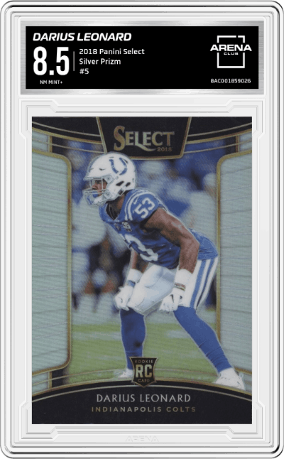 Darius Leonard from the 2018 Panini Select Football set featuring a Silver Prizm  parallel graded by Arena Club and given an overall grade of 8.5.