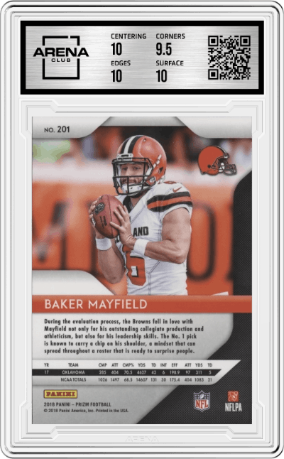 Baker Mayfield from the 2018 Panini Prizm set graded by Arena Club and given an overall grade of 10.