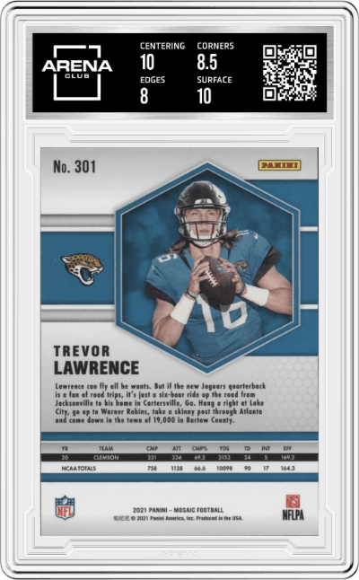 Trevor Lawrence from the 2021 Panini Mosaic set graded by Arena Club and given an overall grade of 8.5.