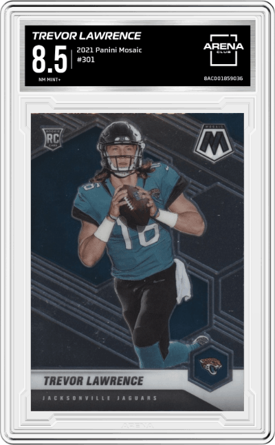 Trevor Lawrence from the 2021 Panini Mosaic set graded by Arena Club and given an overall grade of 8.5.
