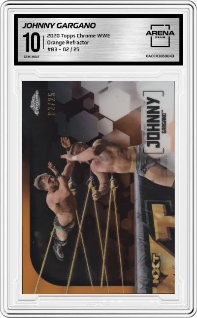 Johnny Gargano from the 2020 Topps Chrome WWE  set featuring a Orange Refractor parallel graded by Arena Club and given an overall grade of 10.