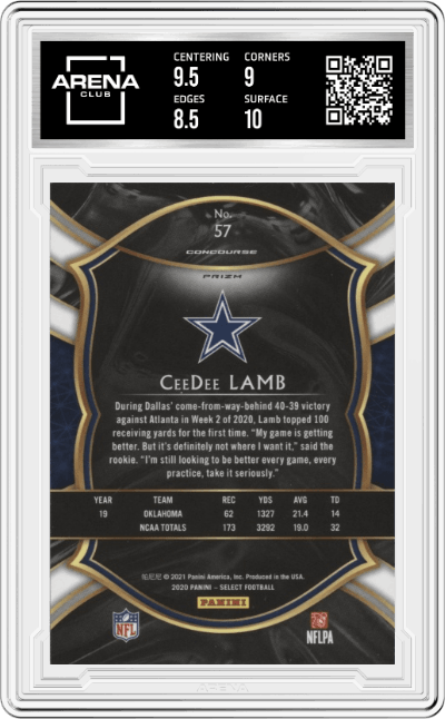 CeeDee Lamb from the 2020 Panini Select set featuring a Silver Prizm parallel graded by Arena Club and given an overall grade of 9.