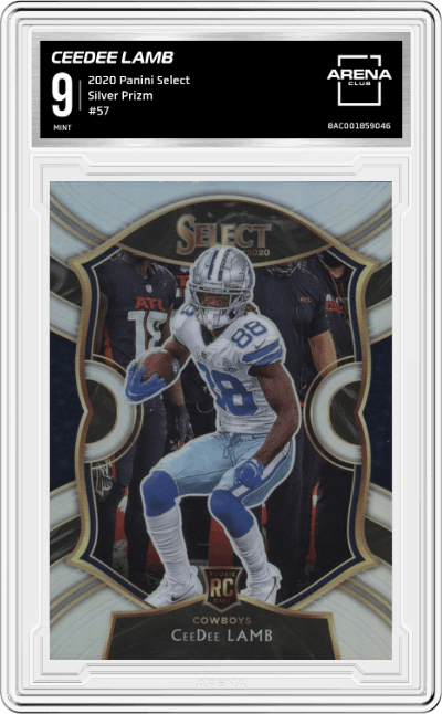 CeeDee Lamb from the 2020 Panini Select set featuring a Silver Prizm parallel graded by Arena Club and given an overall grade of 9.