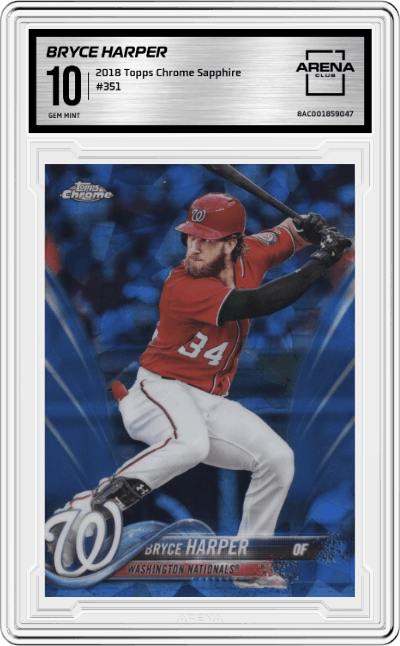Bryce Harper from the 2018 Topps Chrome Sapphire Edition set graded by Arena Club and given an overall grade of 10.