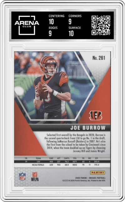 Joe Burrow from the 2020 Panini Mosaic set graded by Arena Club and given an overall grade of 9.5.