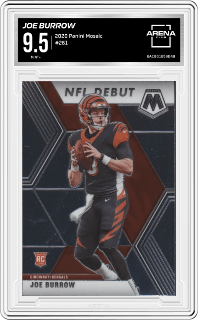Joe Burrow from the 2020 Panini Mosaic set graded by Arena Club and given an overall grade of 9.5.