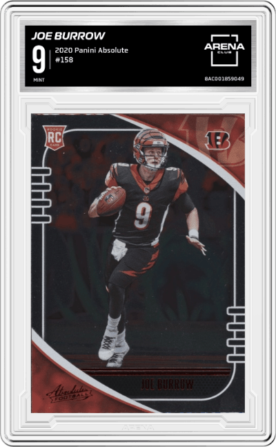 Joe Burrow from the 2020 Panini Absolute set graded by Arena Club and given an overall grade of 9.