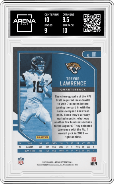 Trevor Lawrence from the 2021 Panini Absolute set graded by Arena Club and given an overall grade of 9.5.