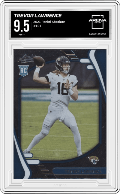 Trevor Lawrence from the 2021 Panini Absolute set graded by Arena Club and given an overall grade of 9.5.