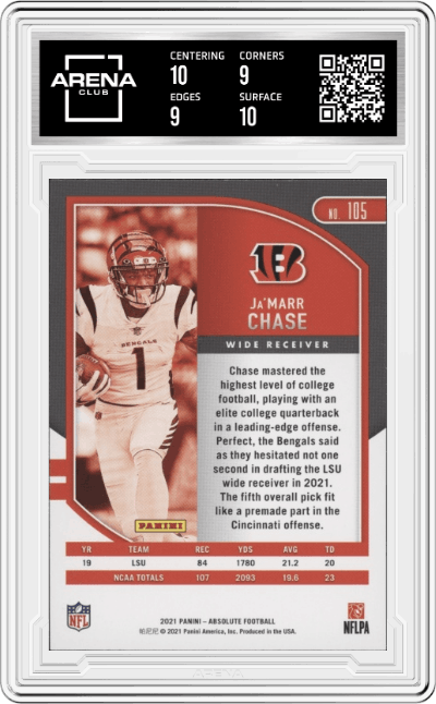 Ja'Marr Chase from the 2021 Panini Absolute set graded by Arena Club and given an overall grade of 9.5.