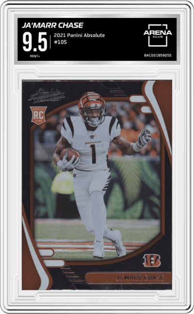 Ja'Marr Chase from the 2021 Panini Absolute set graded by Arena Club and given an overall grade of 9.5.