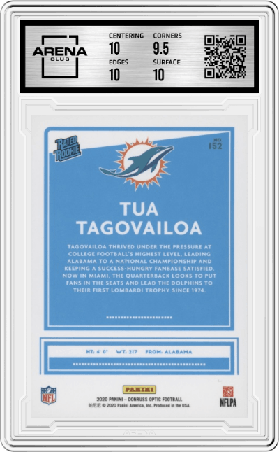 Tua Tagovailoa from the 2020 Panini Donruss Optic set graded by Arena Club and given an overall grade of 10.