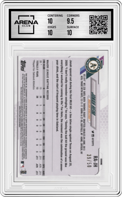 Jonah Heim from the 2021 Topps Chrome set featuring a Gold Wave Refractor  parallel graded by Arena Club and given an overall grade of 10.