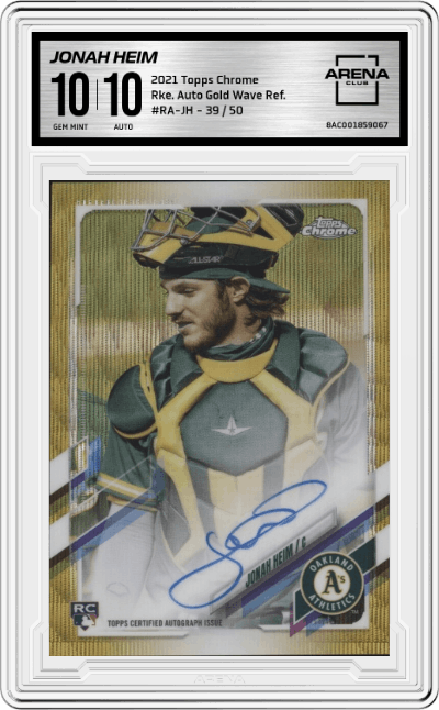 Jonah Heim from the 2021 Topps Chrome set featuring a Gold Wave Refractor  parallel graded by Arena Club and given an overall grade of 10.