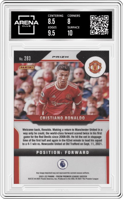 Cristiano Ronaldo from the 2021-22 Panini Prizm Premier League set featuring a Red Ice Prizm parallel graded by Arena Club and given an overall grade of 8.5.