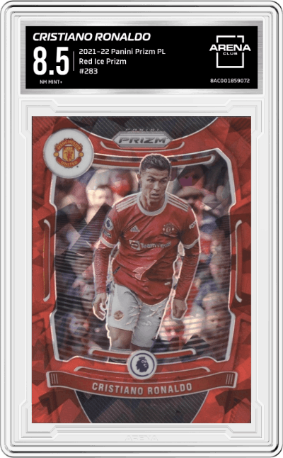Cristiano Ronaldo from the 2021-22 Panini Prizm Premier League set featuring a Red Ice Prizm parallel graded by Arena Club and given an overall grade of 8.5.