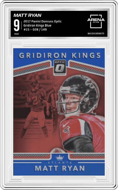 Matt Ryan from the 2017 Panini Donruss Optic set featuring a Blue parallel graded by Arena Club and given an overall grade of 9.