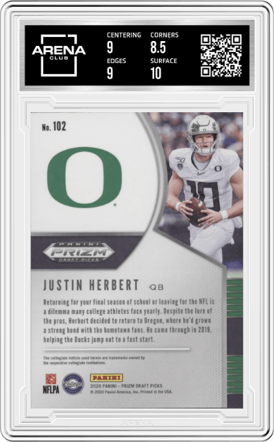 Justin Herbert from the 2020 Panini Prizm Draft Picks set graded by Arena Club and given an overall grade of 9.