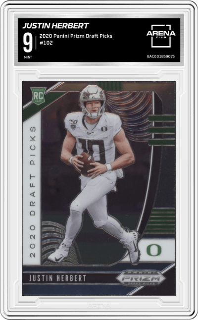 Justin Herbert from the 2020 Panini Prizm Draft Picks set graded by Arena Club and given an overall grade of 9.
