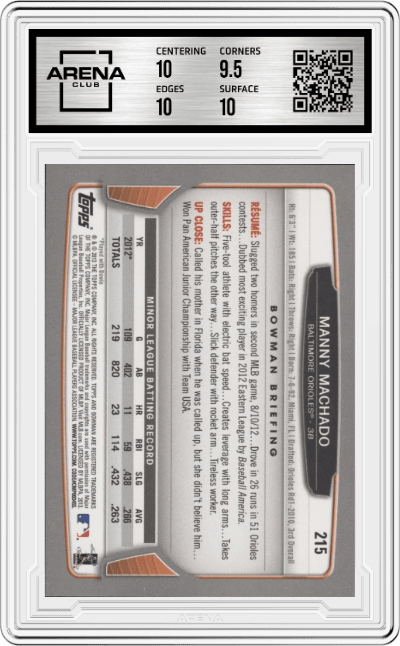 Manny Machado from the 2013 Bowman set graded by Arena Club and given an overall grade of 10.