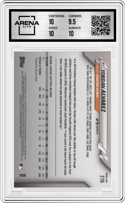 Yordan Alvarez from the 2020 Topps Complete Set set graded by Arena Club and given an overall grade of 10.