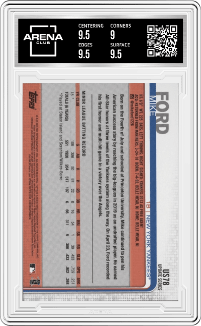 Mike Ford from the 2019 Topps Update  set graded by Arena Club and given an overall grade of 9.5.