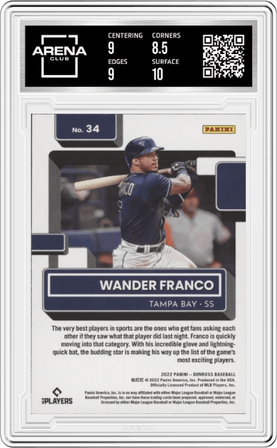 Wander Franco from the 2022 Panini Donruss set graded by Arena Club and given an overall grade of 9.