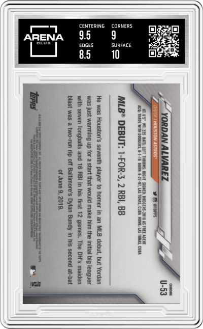 Yordan Alvarez from the 2020 Topps Chrome Update    set graded by Arena Club and given an overall grade of 9.