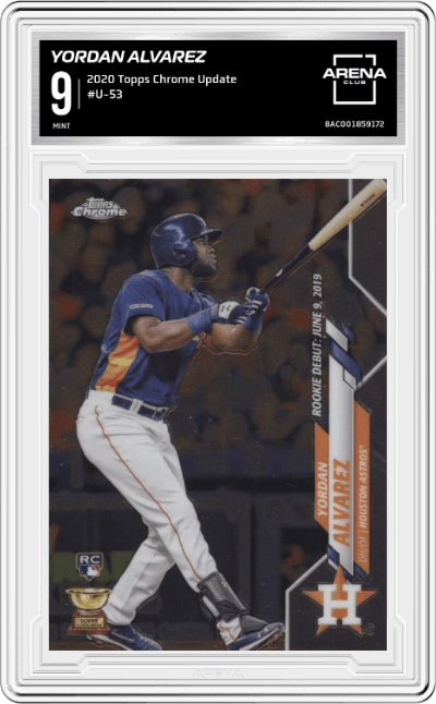 Yordan Alvarez from the 2020 Topps Chrome Update    set graded by Arena Club and given an overall grade of 9.
