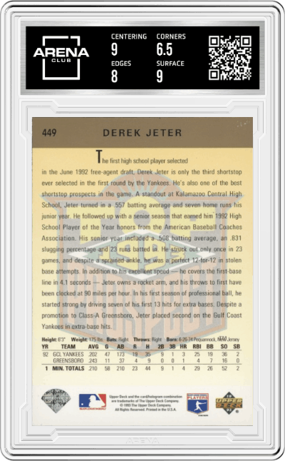 Derek Jeter from the 1993 Upper Deck set graded by Arena Club and given an overall grade of 7.