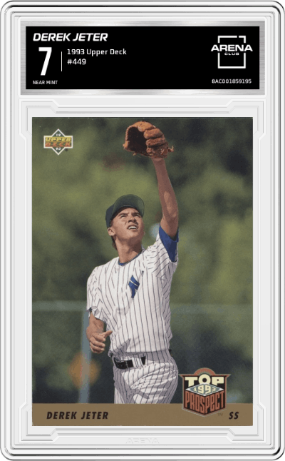Derek Jeter from the 1993 Upper Deck set graded by Arena Club and given an overall grade of 7.