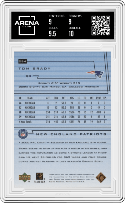 Tom Brady from the 2000 Upper Deck set graded by Arena Club and given an overall grade of 9.5.