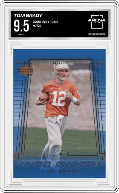Tom Brady from the 2000 Upper Deck set graded by Arena Club and given an overall grade of 9.5.