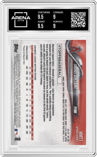 Shohei Ohtani from the 2018 Topps Chrome Update Series set graded by Arena Club and given an overall grade of 9.5.