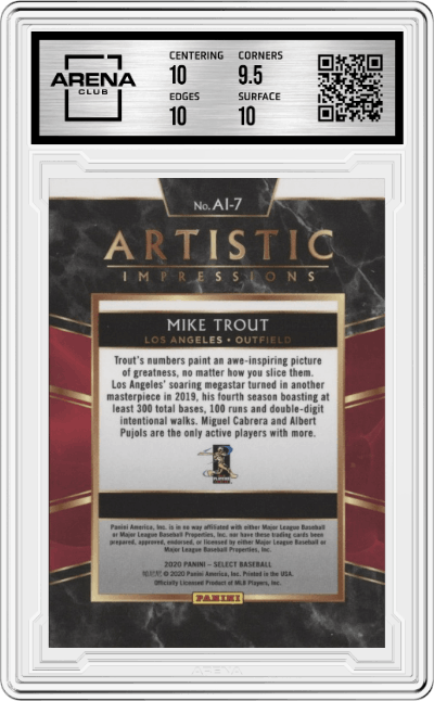 Mike Trout from the 2020 Panini Select set graded by Arena Club and given an overall grade of 10.
