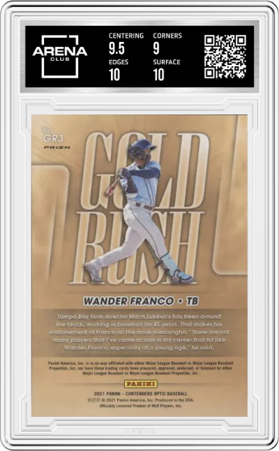 Wander Franco from the 2021 Panini Contenders Optic set graded by Arena Club and given an overall grade of 9.5.
