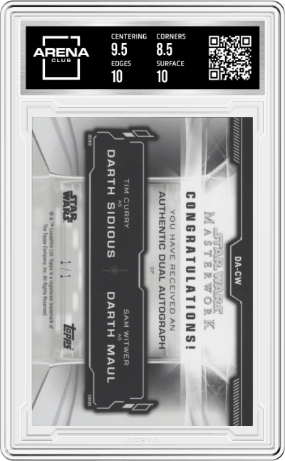 Tim Curry/Sam Witwer from the 2019 Star Wars Masterwork set featuring a Gold parallel graded by Arena Club and given an overall grade of 9.