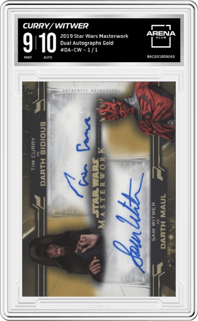 Tim Curry/Sam Witwer from the 2019 Star Wars Masterwork set featuring a Gold parallel graded by Arena Club and given an overall grade of 9.