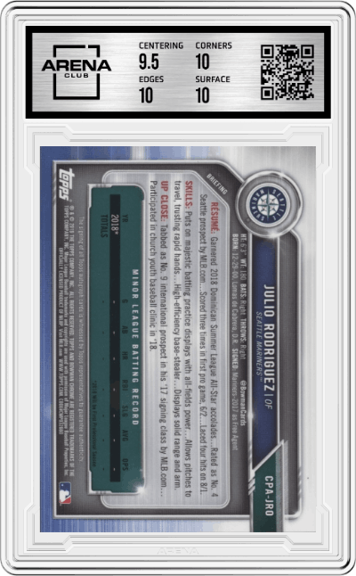 Julio Rodriguez from the 2019 Bowman  set featuring a Gold Shimmer Refractor  parallel graded by Arena Club and given an overall grade of 10.