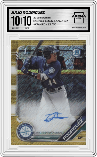 Julio Rodriguez from the 2019 Bowman  set featuring a Gold Shimmer Refractor  parallel graded by Arena Club and given an overall grade of 10.