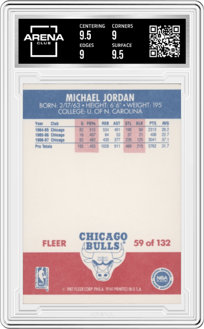 Michael Jordan from the 1987-88 Fleer Basketball set graded by Arena Club and given an overall grade of 9.5.