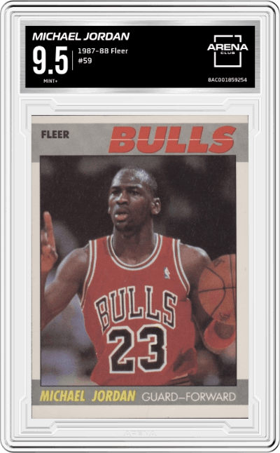 Michael Jordan from the 1987-88 Fleer Basketball set graded by Arena Club and given an overall grade of 9.5.