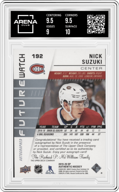 Nick Suzuki from the 2019-20 SP Authentic set graded by Arena Club and given an overall grade of 9.5.